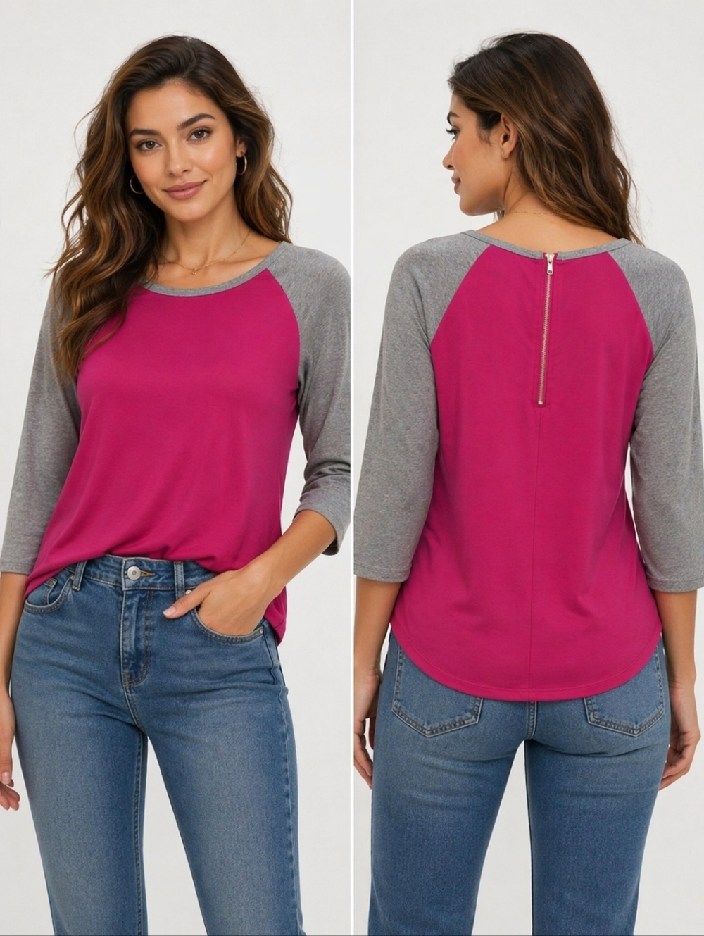 Renvy Fuchsia and Gray Long Sleeve Top